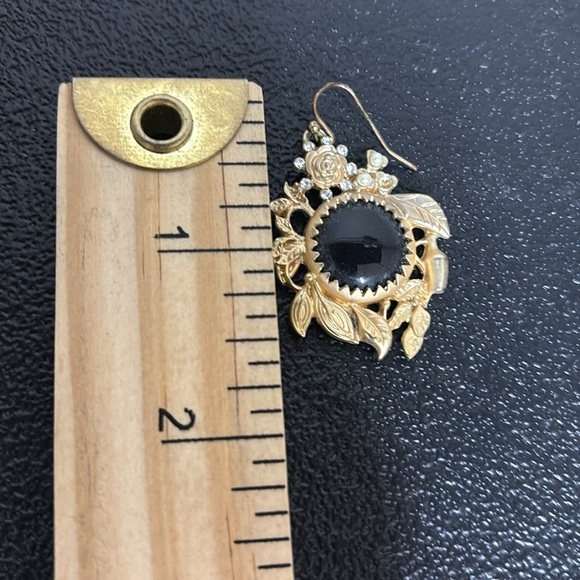 Georgian Revivalist Black Scroll Floral Pearl Gold Tone Dangle Hook Earrings - Picture 6 of 6